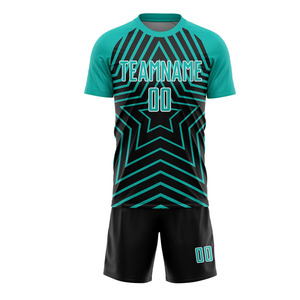 Conjunto de Camiseta de Fútbol Sublimada Personalizada, Diseño Geométrico de Estrellas en Negro y Verde Azulado, Absorbe la Humedad, Manga Corta, Unisex, para Adultos - Product Image 4