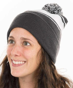 KATBROS INDUSTRIES Bonnet unisexe à pompon rayé contrastant, tricoté côtelé, décontracté, hiver, 100 % acrylique respirant - Product Image 3