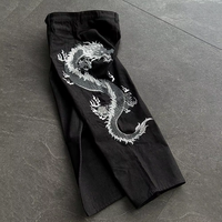 Pantalon cargo en denim brodé style chinois pour homme, coupe ample, taille mi-haute, en coton noir, idéal pour l'automne