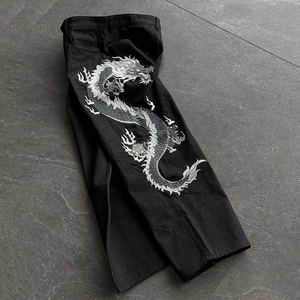Pantalones Cargo de Mezclilla con Bordado de Dragón Estilo Chino para Hombre, Corte Holgado, Cintura Media, Algodón Negro, Ropa de Otoño - Product Image 4