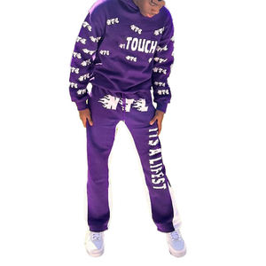 Ensemble deux pièces unisexe décontracté en molleton bouclette, sweat à capuche imprimé intégral et pantalon évasé, survêtement d'entraînement - Product Image 3