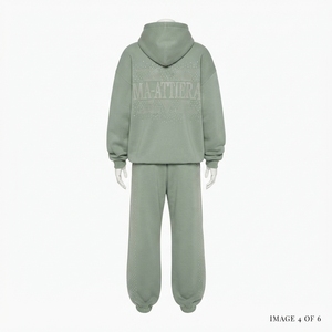 Conjunto de Sudadera Oversize Verde Salvia Personalizada y Jogger de Pierna Ancha con Detalles de Pedrería, de Algodón Afelpado, Estilo Urbano, Venta al por Mayor OEM - Product Image 6