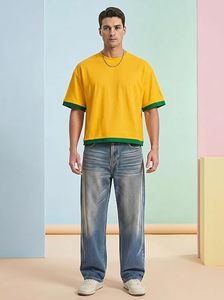 Camiseta Amarilla para Hombre con Ribete Verde, Manga Corta, Cuello Redondo, Corte Casual, 100% Algodón Tejido, Color Sólido, Largo Regular - Product Image 4
