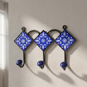 Beads Art Blue Floral Tile Wall <b>Hooks</b> 3-Piece Metal Multifunction Vintage <b>Coat</b> Rack Ceramic <b>Decorative</b> Tiles for Entryway - Product Image 1