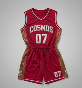 Ensemble de maillot de basket-ball sublimé rouge pour homme Cosmos, col en V, sans manches, short à cordon de serrage, évacuation de l'humidité, coupe athlétique - Product Image 1