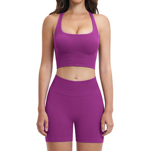 Ensemble de yoga 2 pièces sans coutures pour femme : brassière de sport dos nageur et short taille haute, séchage rapide, léger, idéal pour la gym, anti-transpiration - Product Image 1