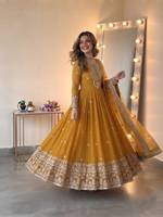 Robe Anarkali Salwar Kameez brodée jaune, costume pakistanais, dupatta en filet, manches longues, pour mariage ou fête