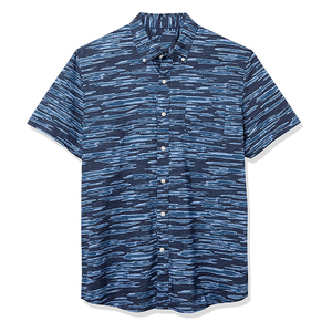 Chemise décontractée à manches courtes pour homme, bleu, imprimé rayé, tissu popeline, col rabattu, vêtements d'été - Product Image 1