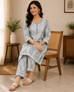 <b>Women</b> Gray Floral Printed <b>Kurti</b> Traditional Cotton Casual Wear Ankle-Length Regular Fit - Product Image 2