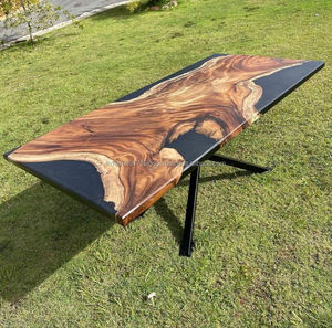 Mesa de Comedor Rectangular Moderna Hecha a Mano con Bordes Naturales de Madera y Resina Negra, con Patas de Metal, para 6 Personas, Muebles para Comedor - Product Image 2