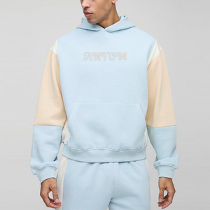 Sweat à capuche personnalisé avec logo brodé, color block, bleu pastel beige, patchwork, streetwear, surdimensionné, en molleton épais - Product Image 2