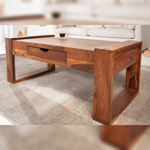 Vandana <b>Vintage</b> Modern Eco-Friendly Durable Sheesham Wood <b>Coffee</b> <b>Table</b> MARKANT 100cm Brown Stone Finish Drawer Storage Space - Product Image 1