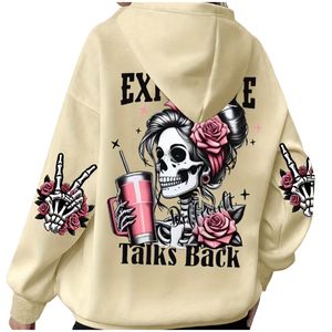 Custom Oversized Graphic Hoodie Womens <b>Skeleton</b> Rose Print Heavyweight Fleece Pullover Sweatshirt Y2K Vintage Streetwear Hoodies - Product Image 1