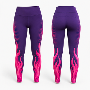 Leggings de yoga taille haute pleine longueur, color block violet et rose, sublimation, extensibles dans quatre directions, surpiqûres contrastées, respirants, côtés respirants - Product Image 1