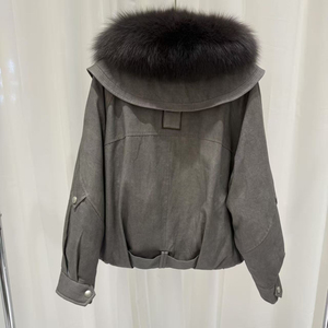 Hot Selling Women's Fashion Trend White Goose Down Liner Cropped <b>Suede</b> Leather <b>Jacket</b> Women With Big Fox Fur Collar - Product Image 3