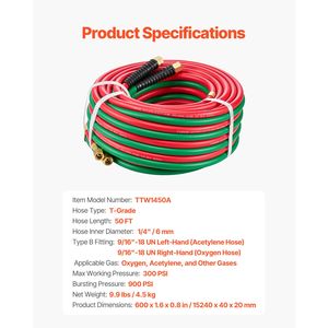 Tubo per ossigeno e acetilene da 1/4 di pollice x 50 piedi, con raccordo 9/16'' 18 B, torcia per saldatura e taglio di grado T, doppio tubo 300 PSI per saldatura e brasatura - Product Image 3