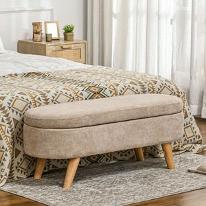 Panca contenitore moderna da ingresso da 110 cm con gambe in legno, panca imbottita beige per fondo letto, mobile da camera da letto - Product Image 2
