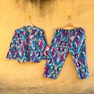 <b>Colourful</b> Geometric Print Cotton Pajama <b>Set</b> Long Sleeve Elastic Waist Mid Rise Full Length Casual Summer Sleepwear Woven Soft - Product Image 1
