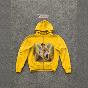 Sweat à capuche zippé jaune premium avec motif ange, style décontracté, coupe régulière, en molleton bouclette 100% polyester, pour l'automne, style streetwear décontracté - Product Image 5