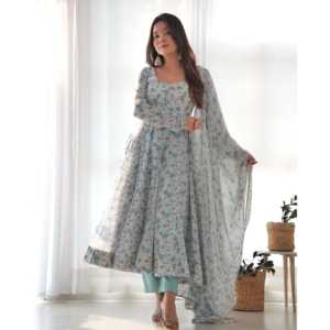 ชุดสูท anarkali organza นุ่มบริสุทธิ์พร้อม DKB-262เย็บเต็ม - Product Image 3