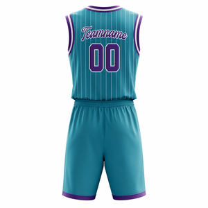 Ensemble de maillots de basket-ball personnalisés en polyester, bleu turquoise et violet à rayures fines, impression par sublimation, uniforme respirant unisexe pour adultes, forte demande - Product Image 3