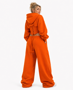 <b>Top</b> Quality Orange Corset Crop Hoodies Custom Cinched Waist <b>Y2K</b> Tracksuit Oversized Blank Joggers Sets Winter Fleece Streetwear - Product Image 3