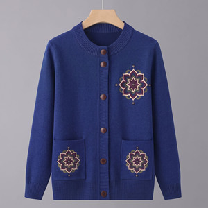 Women's Embroidered Knit <b>Cardigan</b> Long Sleeve Crew Neck Single Breasted Acrylic Sweater Winter Wear - Product Image 5