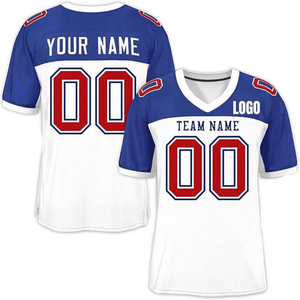 Custom Women's White Blue American Football Jersey V-Neck Short Sleeve Sublimated Print Breathable Mesh Team Name Number - Product Image 3