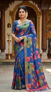 Sari en soie GACHI TASSAR pour femmes, tenue traditionnelle indienne pour mariage, motifs floraux bleus, rouges et verts, longueur au sol, coupe classique, infroissable - Product Image 4