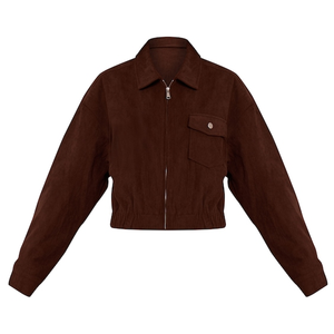 Blouson Bomber Unisexe Marron Foncé à Fermeture Éclair, Style Vintage Texturé, Col Montant, Veste Décontractée Urbaine avec Poches, Teint en Profondeur pour le Printemps - Product Image 1