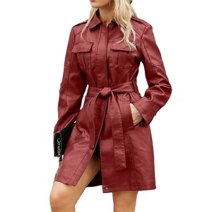 Chaqueta de calle de oficina elegante para mujer, piel sintética con solapa de Color sólido, cremallera, cinturón de manga larga ajustado, proceso de punto transpirable - Product Image 6