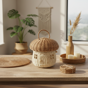 Cesta Decorativa de Ratán con Forma de Hongo, Tejida a Mano, Cesta de Almacenamiento Natural para Juguetes y Decoración del Hogar - Product Image 1