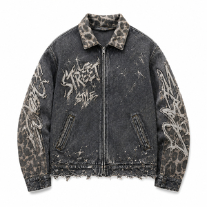 Veste en jean délavée style streetwear personnalisée, imprimé graphique vintage, effet usé, fermeture éclair, décontractée, unisexe - Product Image 3