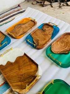 Handcrafted Ocean Blue <b>Epoxy</b> Resin Wooden Serving Tray with Durable Gold Metal Handles for Kitchen, <b>Coffee</b> <b>Table</b> & Gift Giving - Product Image 5