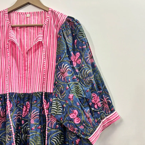 Tunique en coton écologique à imprimé floral fait main, col en V, manches 3/4, ourlet à volants en dentelle, lavable, taille naturelle, style chinoiserie - Product Image 3