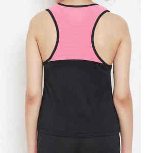 Camiseta sin mangas de punto con bloques de color rosa y negro para mujer, cuello redondo, deportiva, de secado rápido, longitud regular - Product Image 6