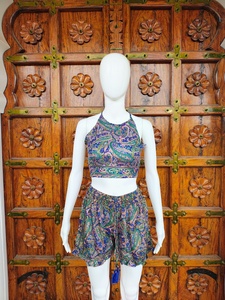 Shorts en soie pour femmes, imprimé Paisley, style bohème, taille élastique, cordon de serrage à pompons, pour l'été, la plage, décontracté, fluide, avec ourlet à volants - Product Image 2