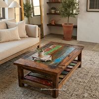 Table basse DIVADI en bois massif rustique, durable, écologique, faite à la main, avec plateau en verre, finition antique, pour salon, extérieur, maison