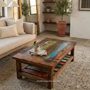Rustic Solid Wood Durable Eco-Friendly Handmade <b>Coffee</b> <b>Table</b> Storage Glass Top Antique Finish Indoor Outdoor Living Room - Product Image 4