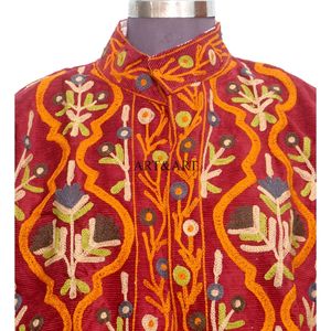 Elegant Red Mandarin Collar Jacket With Floral Hand Embroidery Full Sleeve Autumn Women's Woven Polyester Coat - Product Image 2