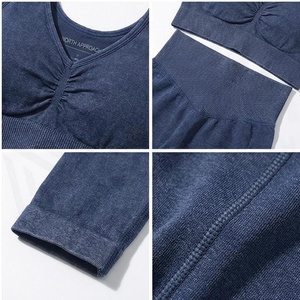 2 Piece Yoga Set High Waist Full Length Leggings V Neck Racerback Sports <b>Bra</b> Seamless Solid Navy <b>Blue</b> Women's Activewear - Product Image 4