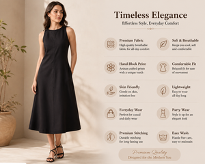 Vestido de Verano Elegante, Negro, Sin Mangas, a Media Pantorrilla, Recto, Informal, de Algodón Satinado, con Estampado a Mano, Transpirable - Product Image 2