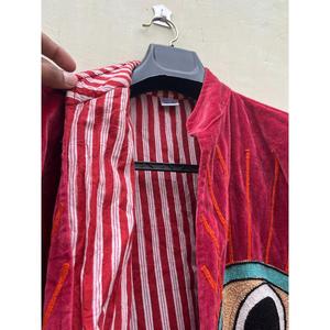 Chaqueta Bomber Roja de Terciopelo con Patrón Geométrico Bordado, Forro de Algodón Ecológico, Manga Larga, para Mujer, Invierno - Product Image 3