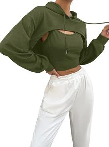 Sudadera con capucha corta verde oliva con detalle recortado, hombros caídos, manga larga, color sólido, informal, para otoño, para mujer - Product Image 2