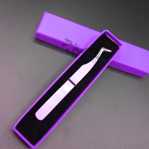 Pince à épiler pour cils RMI de haute qualité en acier inoxydable, pointe argentée et couleur rose clair / Emballage en boîte cartonnée violette, pince à épiler individuelle - Product Image 2