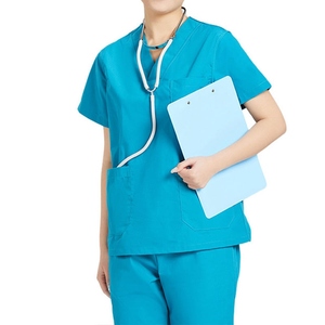 Women's Coral V-Neck <b>Scrub</b> <b>Set</b> With Pockets Knitted Cotton Polyester Hospital Uniforms Short Sleeve Pants - Product Image 2