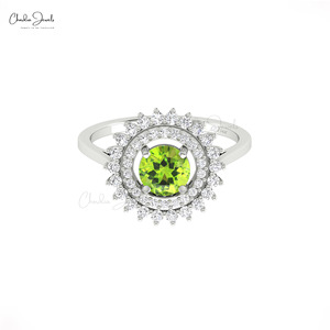 Chordia Jewels Women's 14k Solid <b>Gold</b> Natural 6mm Peridot <b>Ring</b> with Diamond Halo Flower Design Romantic Engagement Gemstone <b>Ring</b> - Product Image 2
