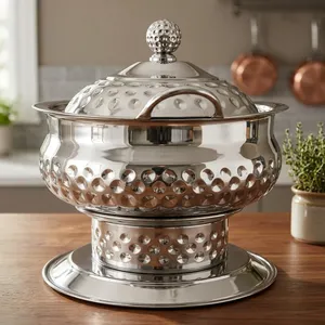 Soporte para plato de buffet de acero inoxidable martillado con tapa, apto para lavavajillas, horno y microondas, para catering, hoteles, restaurantes y fiestas - Product Image 3