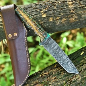 Cuchillo Tanto de Acero de Damasco Hecho a Mano, Personalizado OEM, para Camping, con Mango de Madera, Hoja Fija, Funda de Cuero para Exteriores - Product Image 5