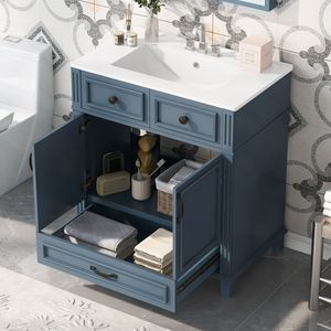 Meuble-lavabo de salle de bain de style rétro de 30 pouces avec portes à fermeture douce, cadre en bois massif et lavabo en céramique, armoire de rangement bleue - Product Image 2